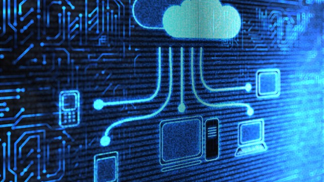 Close up shot of a blue digital screen, a graphic of a cloud with lines connection to different internet based devices